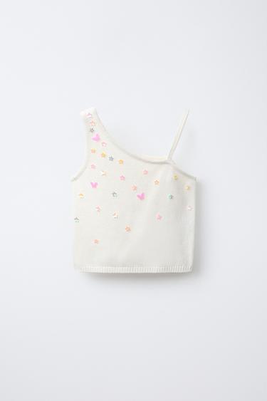 TOP IN MAGLIA ASIMMETRICO CON PERLINE - Écru di Zara