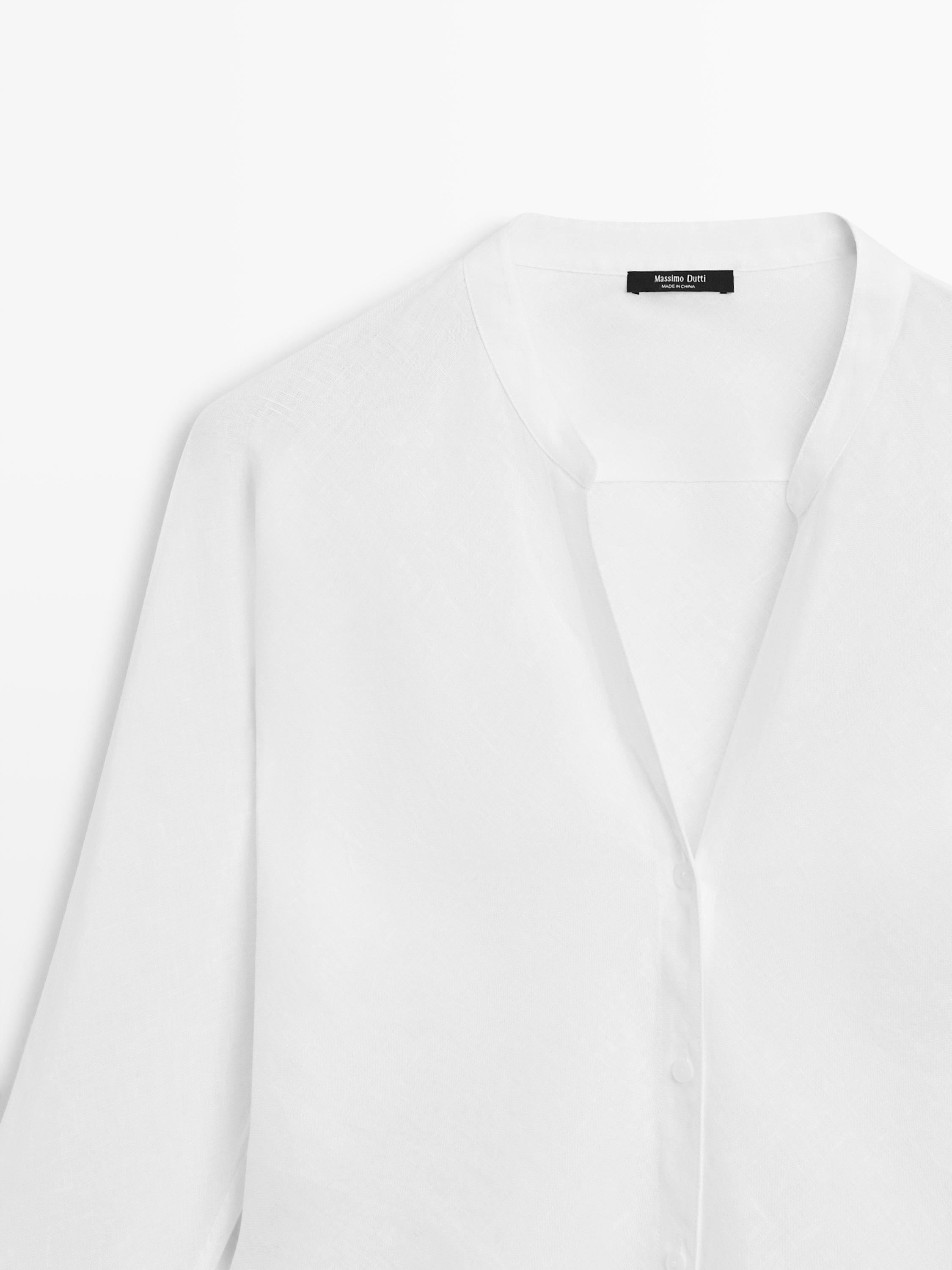 100% linen stand collar shirt — White