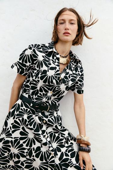 PRINTED POPLIN MIDI DRESS WITH BELT - Black / White by Zara - Image 1