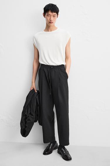 RELAXED FIT SEERSUCKER TROUSERS - Black by Zara