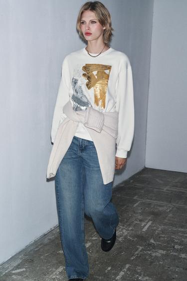 METALLIC SWEATSHIRT - Oyster-white by Zara - Image 3