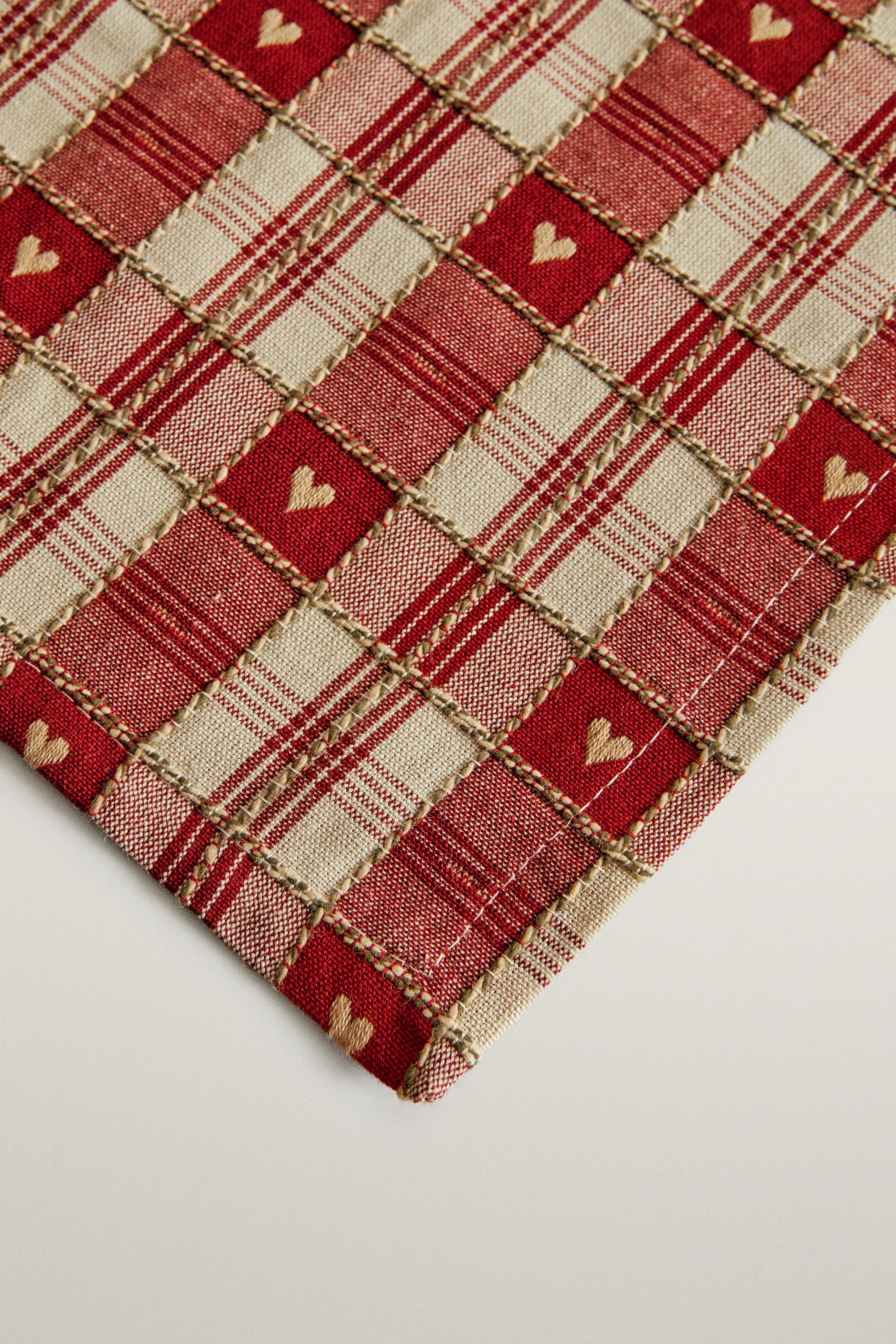 SERVIETTES DE TABLE COTON CARREAUX CŒURS NOËL (LOT DE 2)