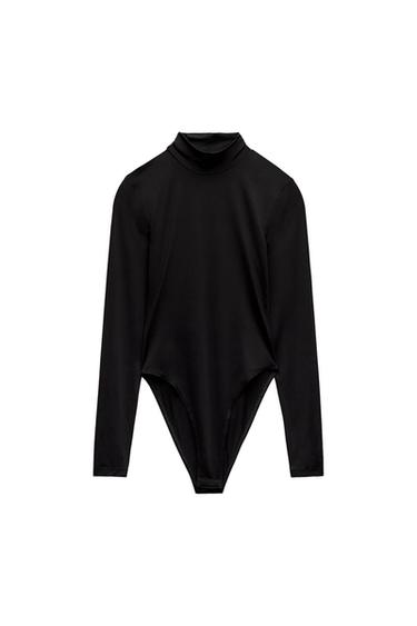 Black long-sleeved turtleneck bodysuit on a white background. Simple and elegant design, ideal for combining with different styles.