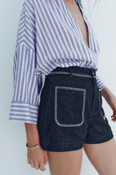 Zara Z1975 HIGH-WAISTED DENIM SHORTS WITH TOPSTITCHING - Blue