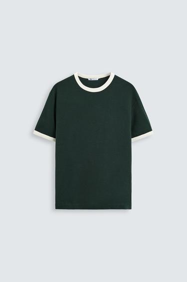 Zara BASIC CONTRAST RIB T-SHIRT - Dark green
