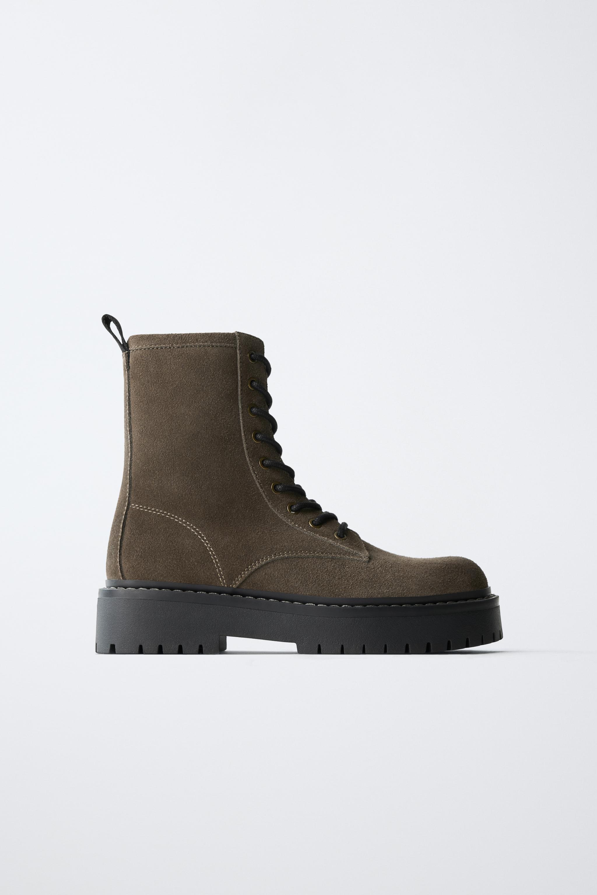 LEATHER LACE-UP BOOTS — Gray