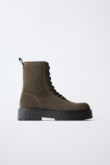 LEATHER LACE-UP BOOTS - Grey by Zara