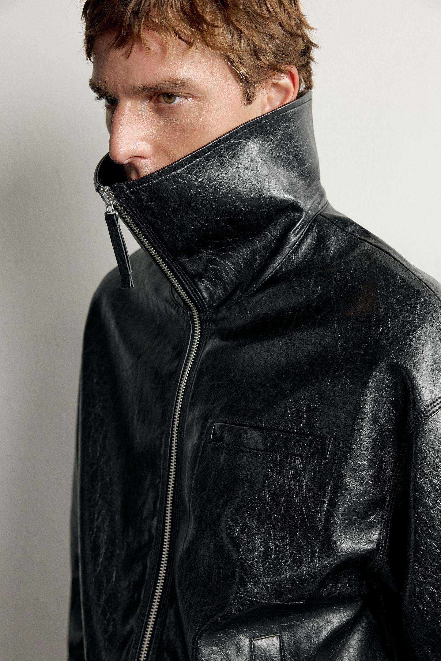 Мужская куртка Zara Faux Leather Cropped Jacket, цвет: Чёрный — фото 7
