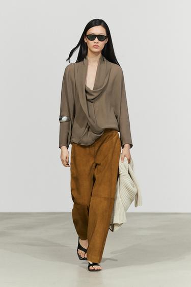 Zara Flowy surplice draped neckline shirt - Dark khaki