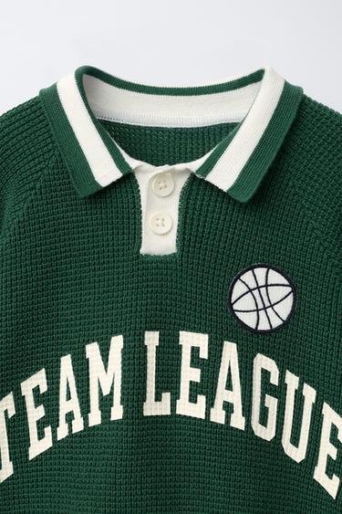 WAFFLE-KNIT POLO SHIRT WITH TEXT - Mid-green by Zara - Image 2