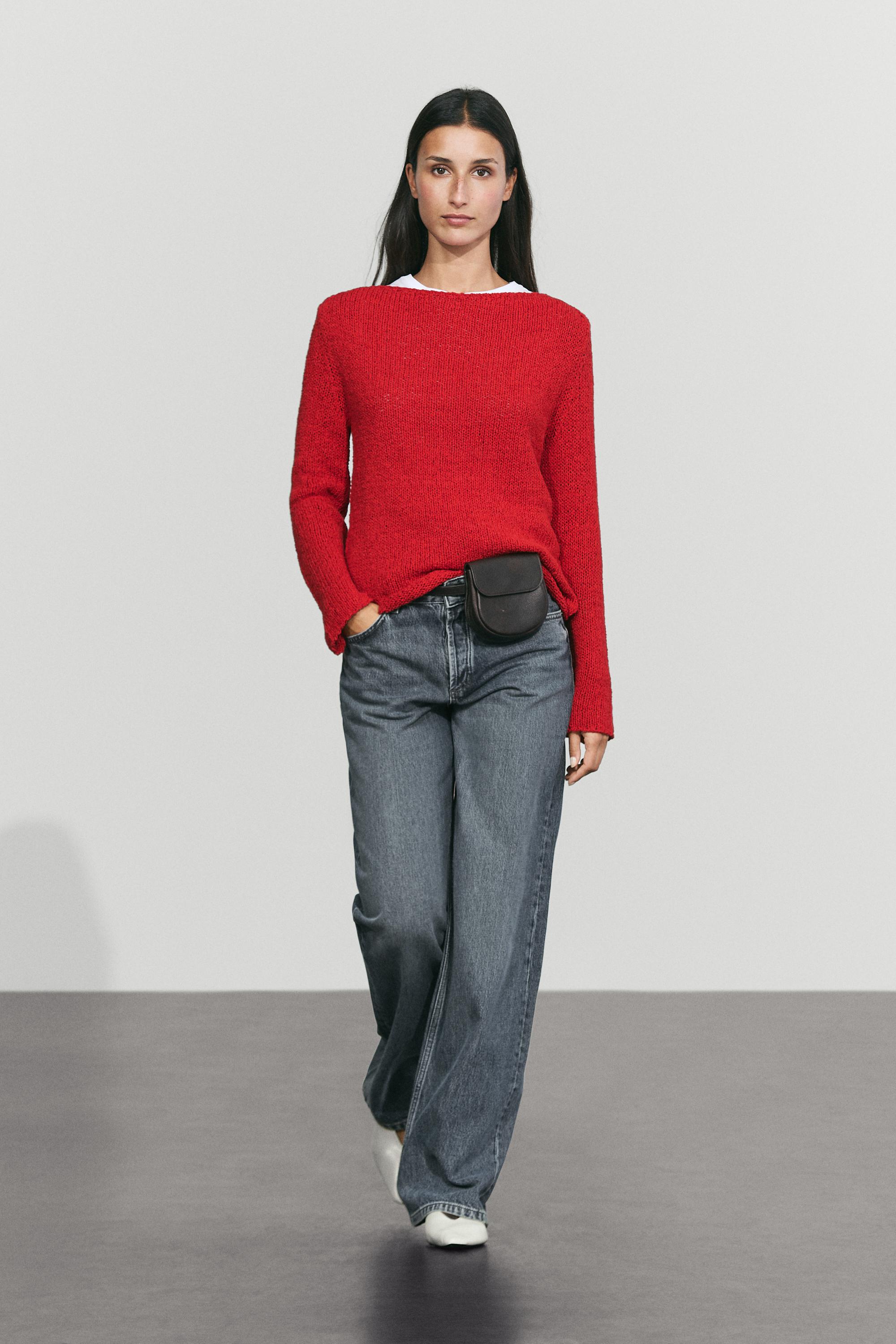 Cotton blend knit boat neck sweater