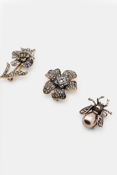 LOT DE 3 BROCHES FLEUR ABEILLE BRILLANTS - Or / Argent de Zara - Image 2