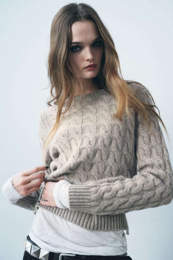 100 CASHMERE CABLE KNIT SWEATER Brown / Taupe ZARA Canada