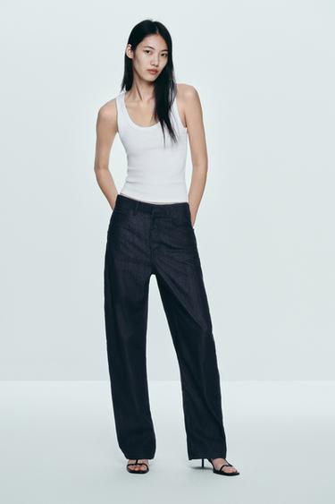 Zara ZW COLLECTION 筒形高腰牛仔褲 - 藍色