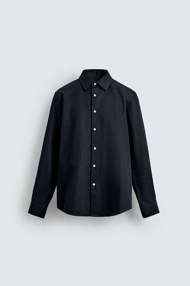CAMISA ESTRUCTURA ALGODÓN - LINO - Marino de Zara