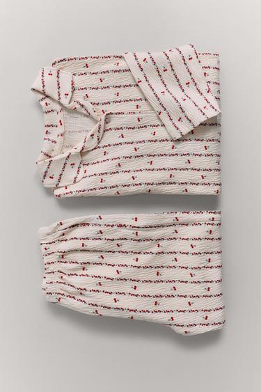Zara 6-14 YEARS/ CHERRY AND FLOWER PRINT SHIRT AND PANTS PAJAMAS - Ecru