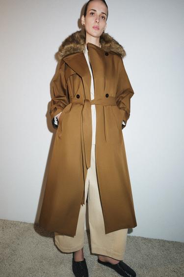 Zara OVERSIZED TRENCH COAT WITH FAUX FUR COLLAR ZW COLLECTION LIMITED EDITION - Caramel