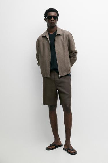 Zara 100% linen short Bermuda shorts - Dark green - Image 0
