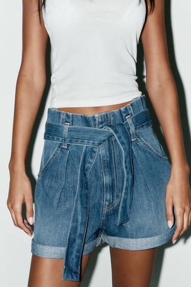 HIGH-WAIST TRF PAPER BAG DENIM BERMUDA SHORTS - Blue by Zara