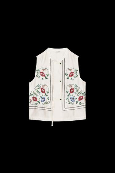 Zara EMBROIDERED FLOWER TOP - Ecru - Image 0
