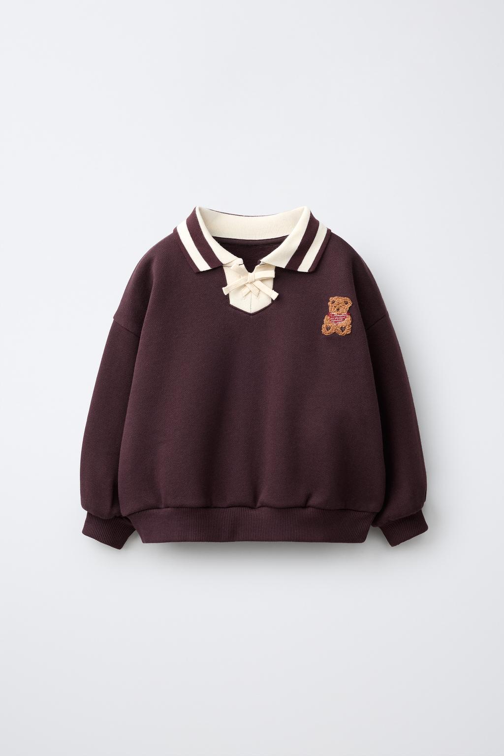 BEAR EMBROIDERED POLO COLLAR SWEATSHIRT