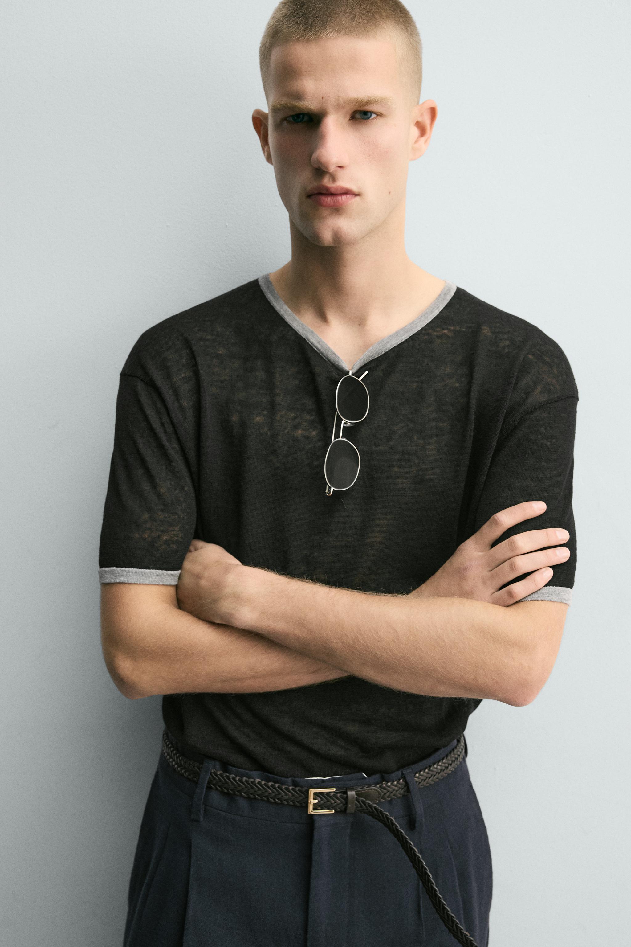 CONTRAST LINEN BLEND KNIT T-SHIRT