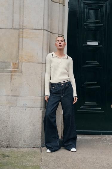 Zara CABLE KNIT POLO SWEATER - Ecru / Navy - Image 0