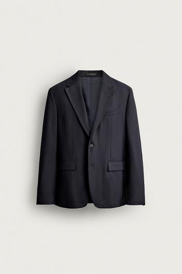 BLAZER ESTRUTURADO EM ESPINHA DE PEIXE COM LÃ - Azul-marinho da Zara