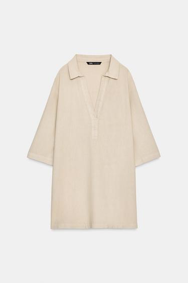 TÚNICA CON LINO ESCOTE PICO - Beige de Zara