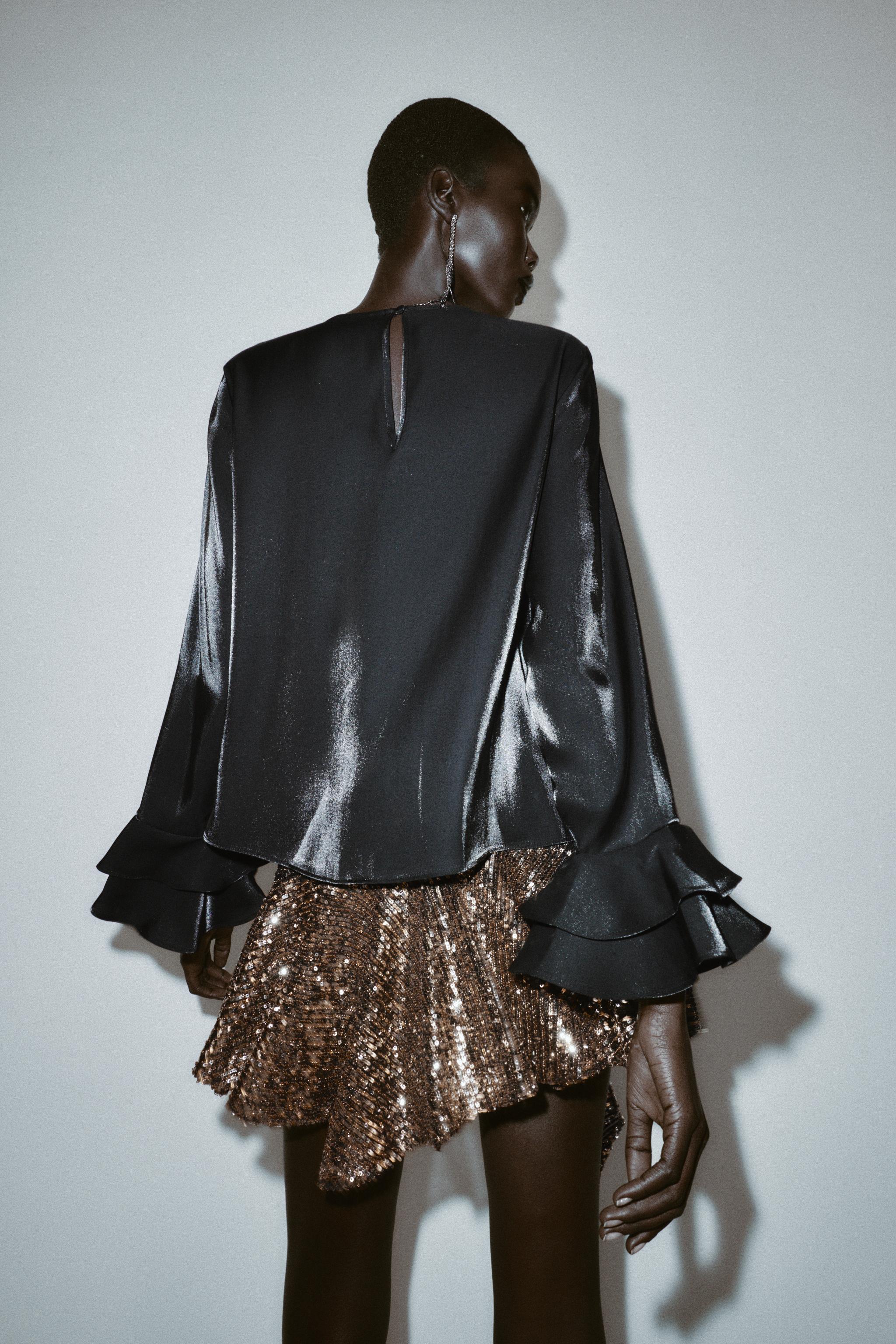 RUFFLED SHINY FABRIC BLOUSE