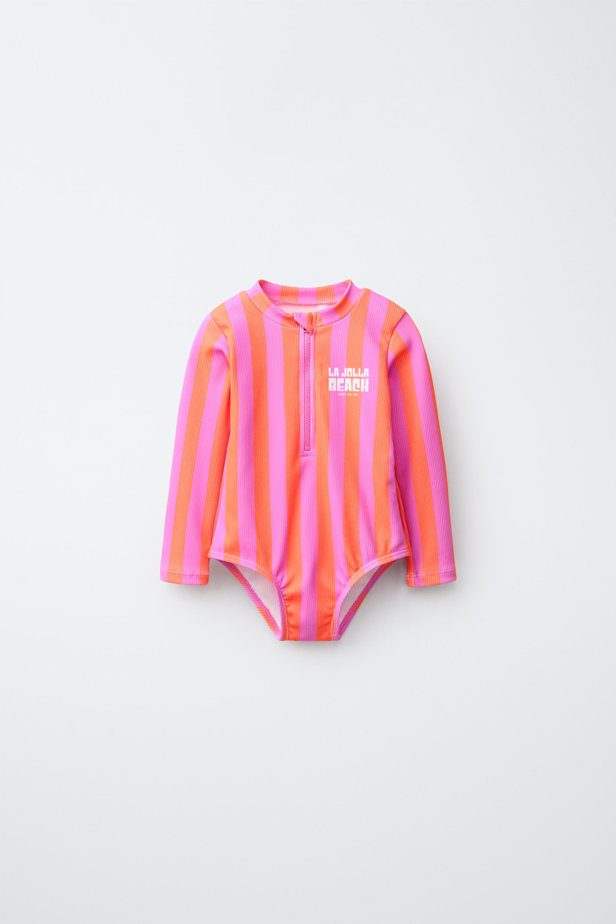 1-6 YEARS / STRIPED TEXT SWIMSUIT — Neon orange