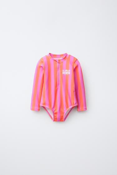 1-6 YEARS / STRIPED SWIMSUIT WITH SLOGAN - Neon orange by Zara