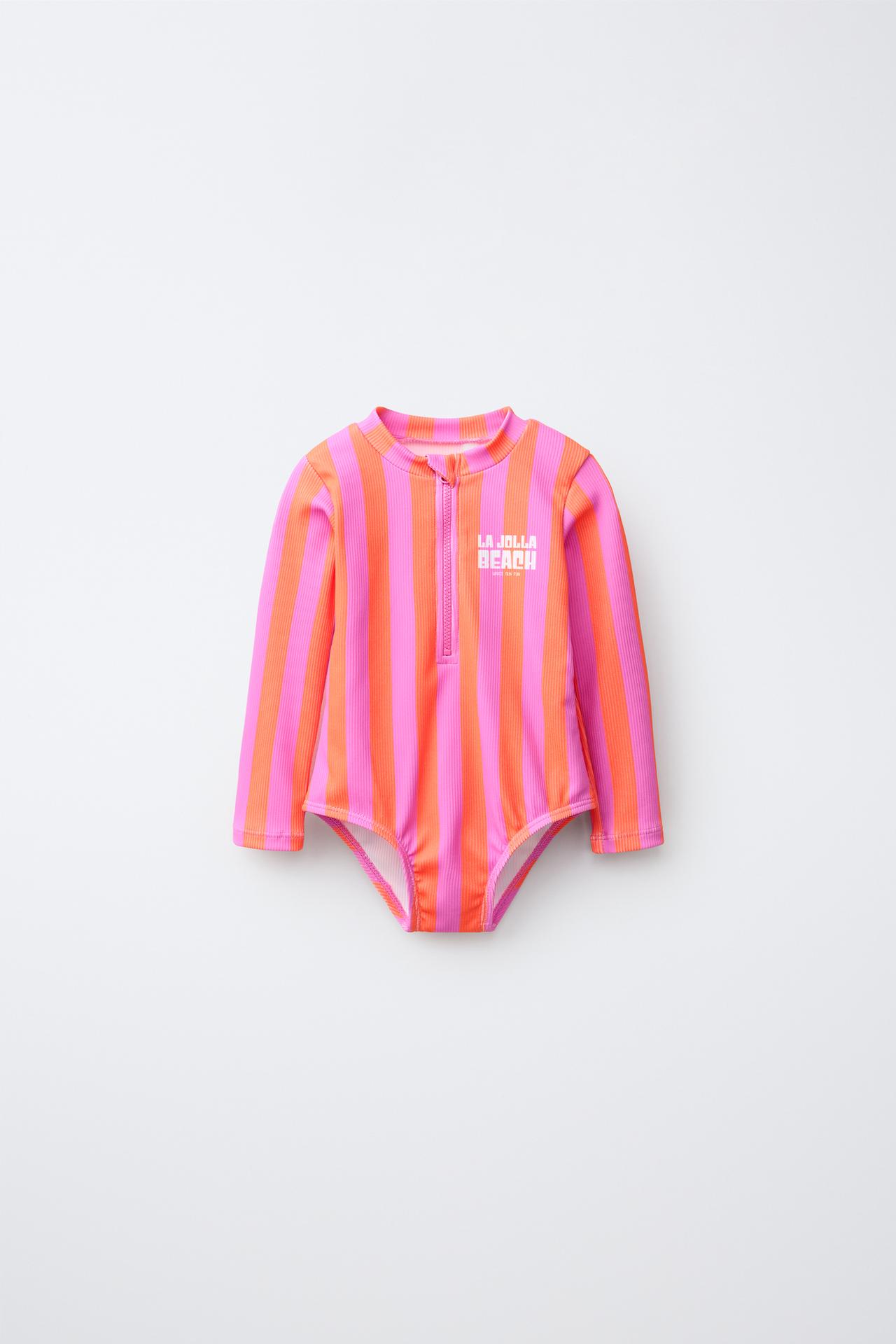 1-6 YEARS / STRIPED TEXT SWIMSUIT — Neon orange
