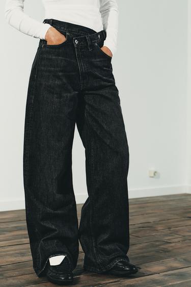 TRF WIDE-LEG HIGH-WAIST JEANS WITH CROSSOVER WAIST - Black by Zara