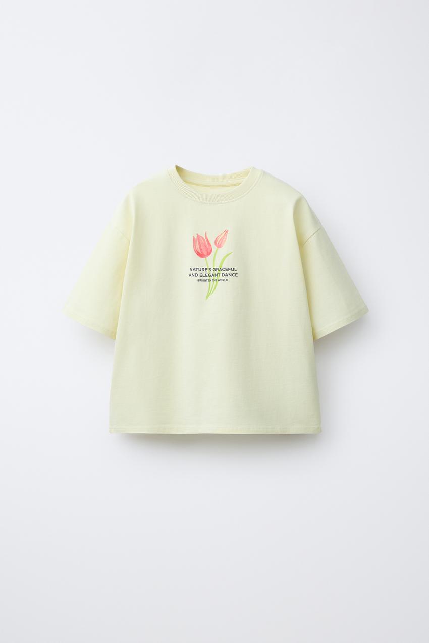 フラワー柄Tシャツ - ライム | ZARA Japan / 日本