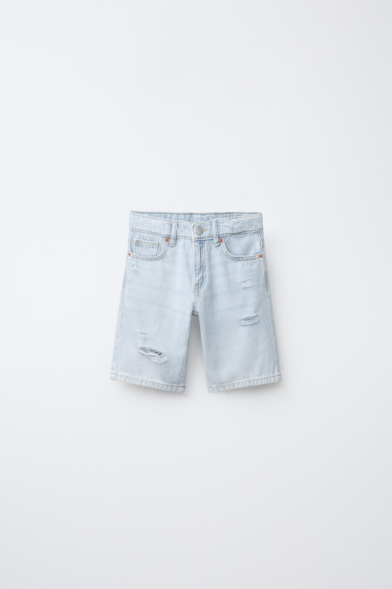 RIPPED STRAIGHT DENIM SHORTS — Light blue