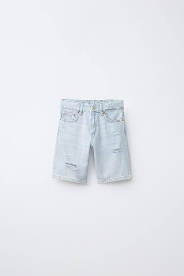 RIPPED STRAIGHT DENIM BERMUDA SHORTS - Light blue by Zara