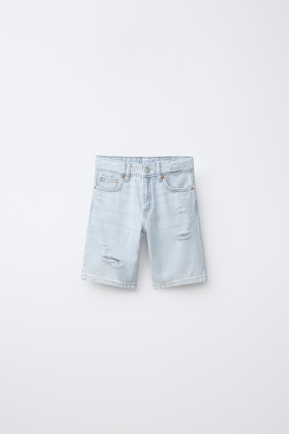 Zara RIPPED STRAIGHT DENIM SHORTS - Light blue - Image 0