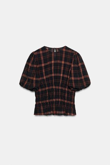 CHECK SHIRT WITH GATHERED DETAIL - BLACK/ORANGE by Zara - Image 0
