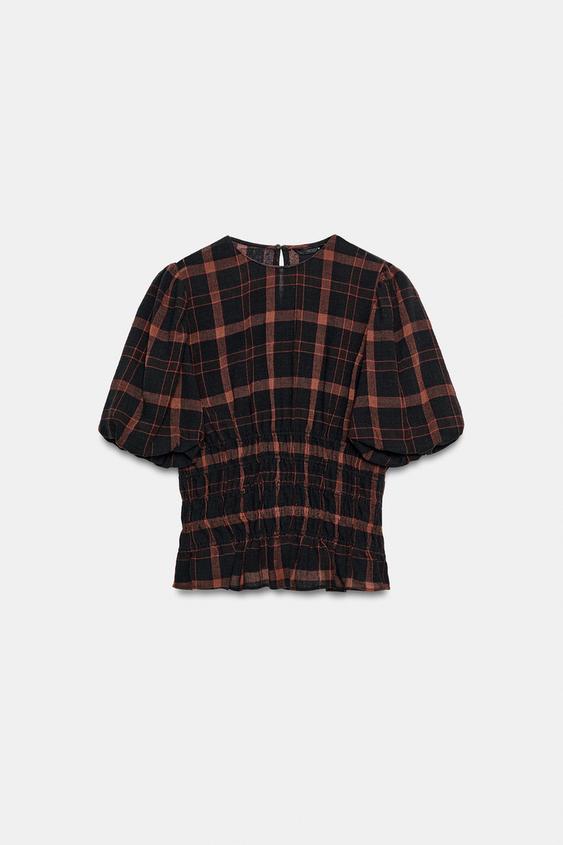 CAMISA CUADROS FRUNCES - NEGRO/NARANJA de Zara - Imagen 0
