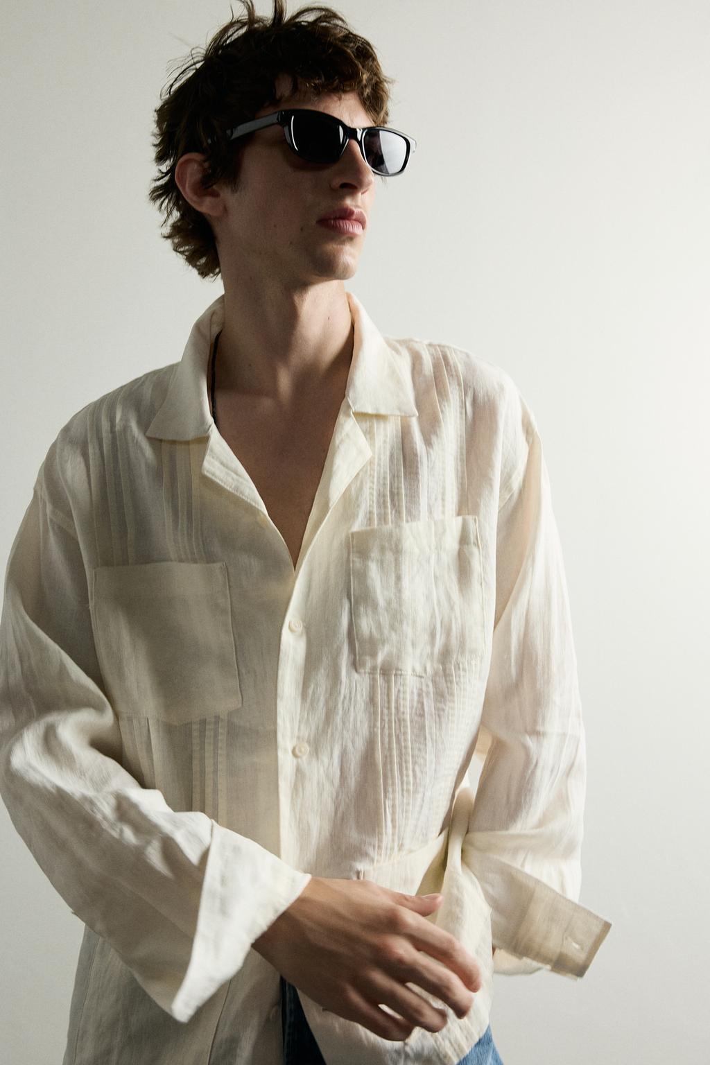 RELAXED FIT 100% LINEN PLEATED SHIRT