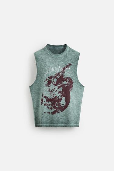 Zara WASHED PRINT KNIT T-SHIRT - Blue / Gray