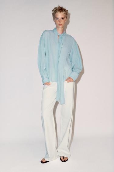 Zara ZW COLLECTION STRIPED TIE-NECK SHIRT - Blues