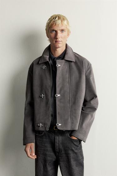 SUEDE-EFFECT FROG FASTENING JACKET — Anthracite grey 1