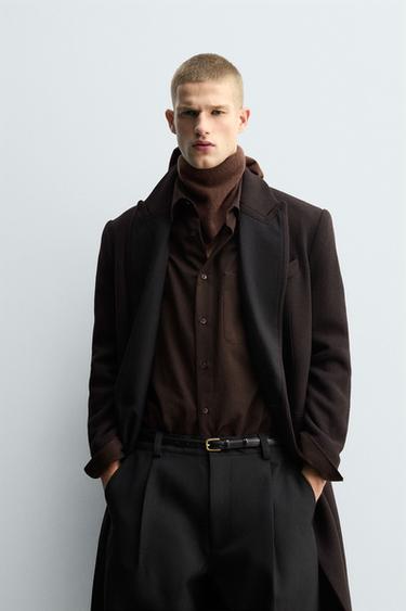 Zara CONTRAST LAPEL WOOL COAT - Dark brown