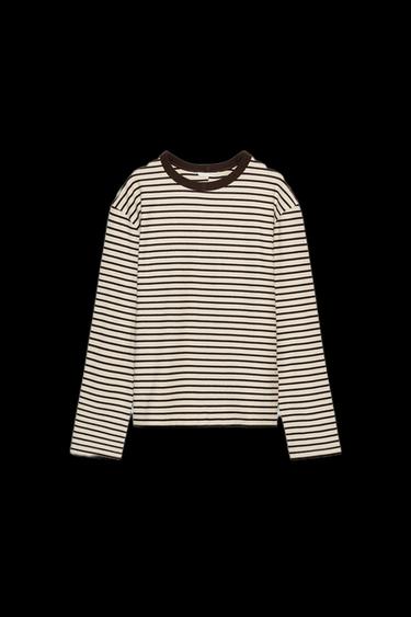 Zara STRIPED LONG SLEEVE T-SHIRT - Brown Stripes