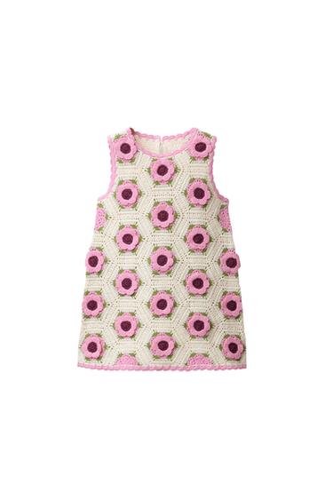 Zara CROCHET KNIT FLORAL DRESS - Pink