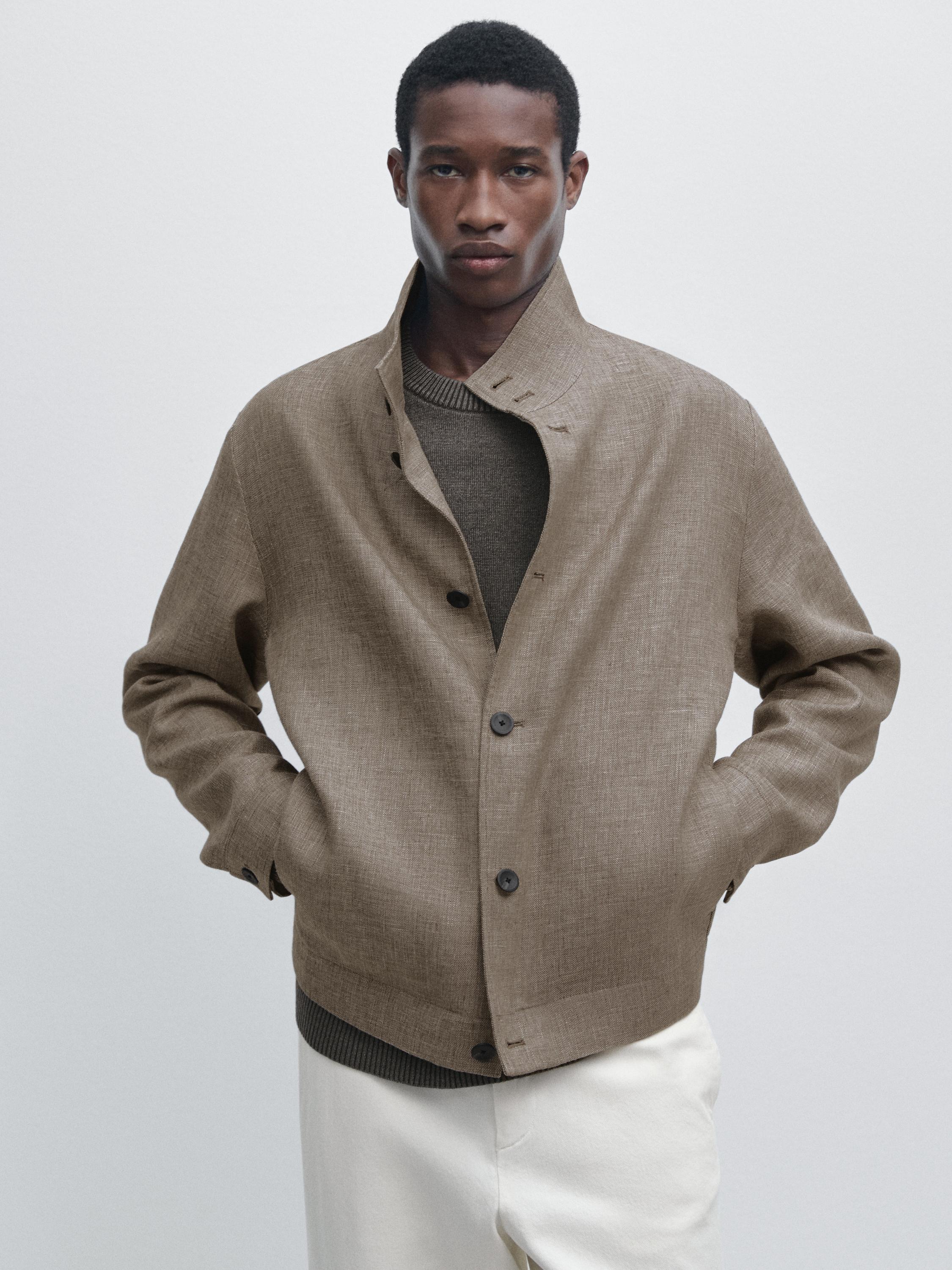 Linen blend bomber jacket with collar detail