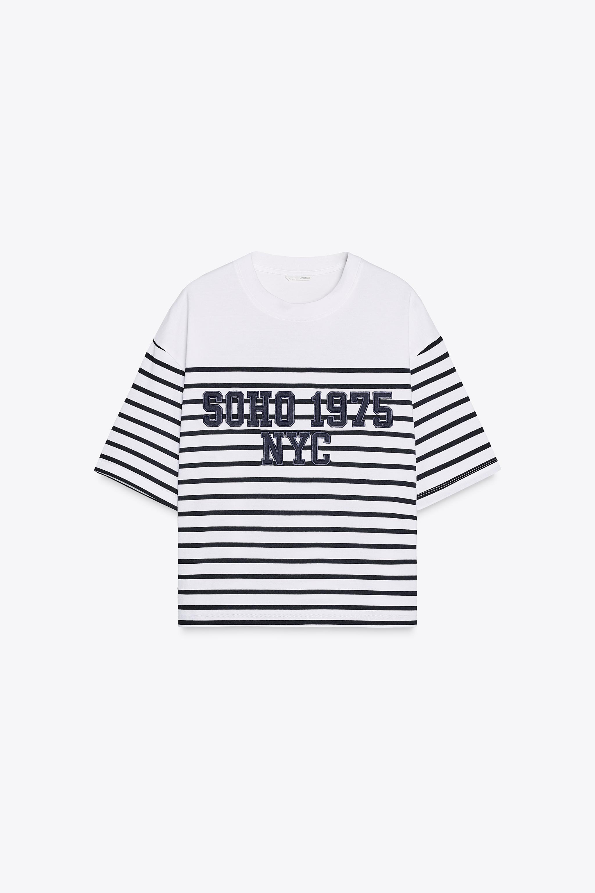 スペイン発送 ZARA SOHO 刺繍ストライプTシャツ カジュアル 新作 SOHO 刺繍ストライプTシャツ - ホワイト/ネイビーブルー | ZARA