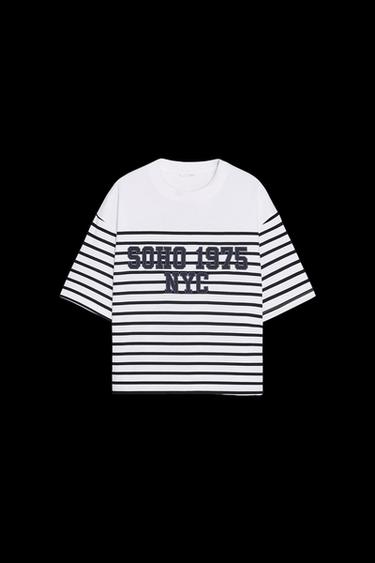 GESTREIFTES T-SHIRT MIT STICKEREI SOHO - Weiß / Marineblau von Zara - Bild 0